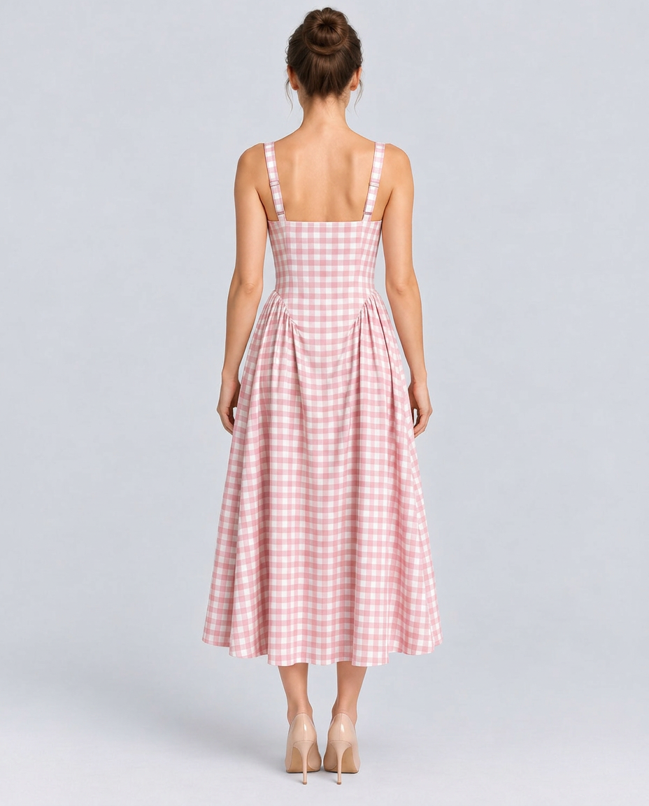 Verity | Sculpted Waist Full Skirt Gingham Midi Dress
