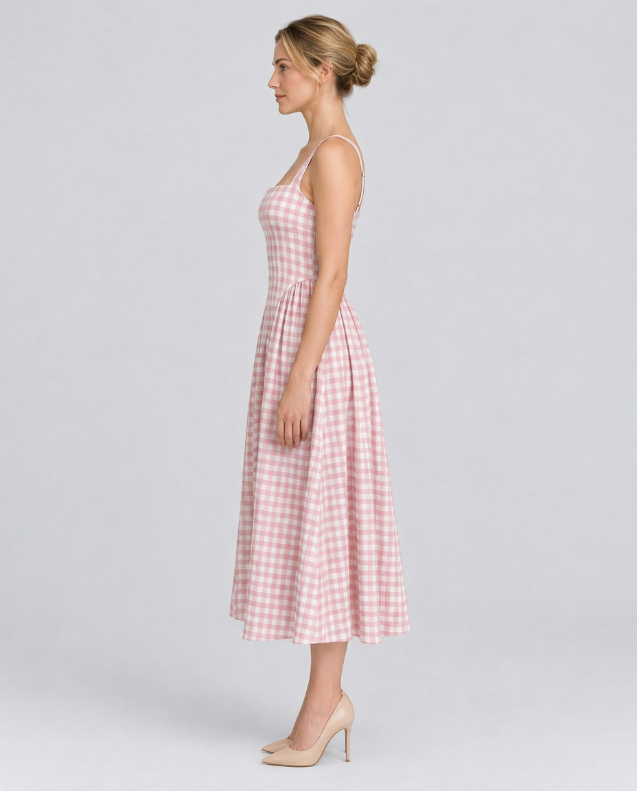 Verity | Sculpted Waist Full Skirt Gingham Midi Dress