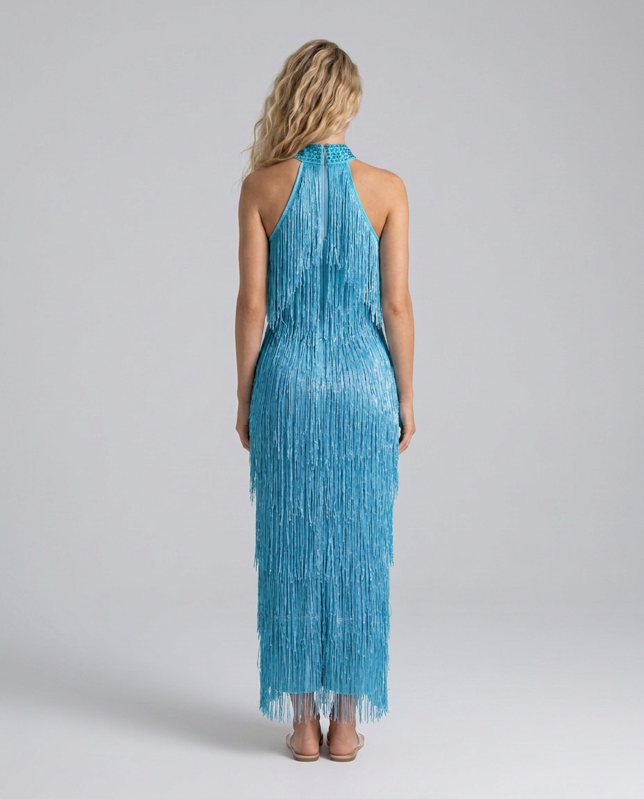 Celeste | Shimmer Fringe Halter Neck Maxi Dress