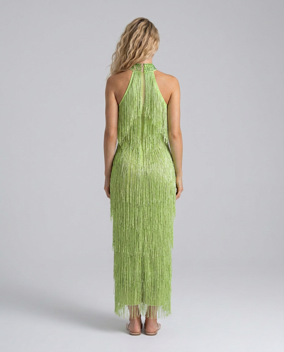 Celeste | Shimmer Fringe Halter Neck Maxi Dress