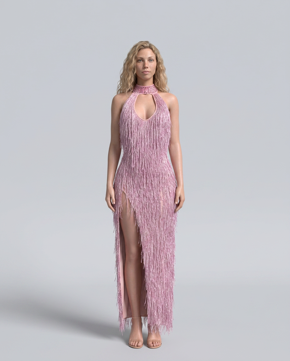 Celeste | Shimmer Fringe Halter Neck Maxi Dress