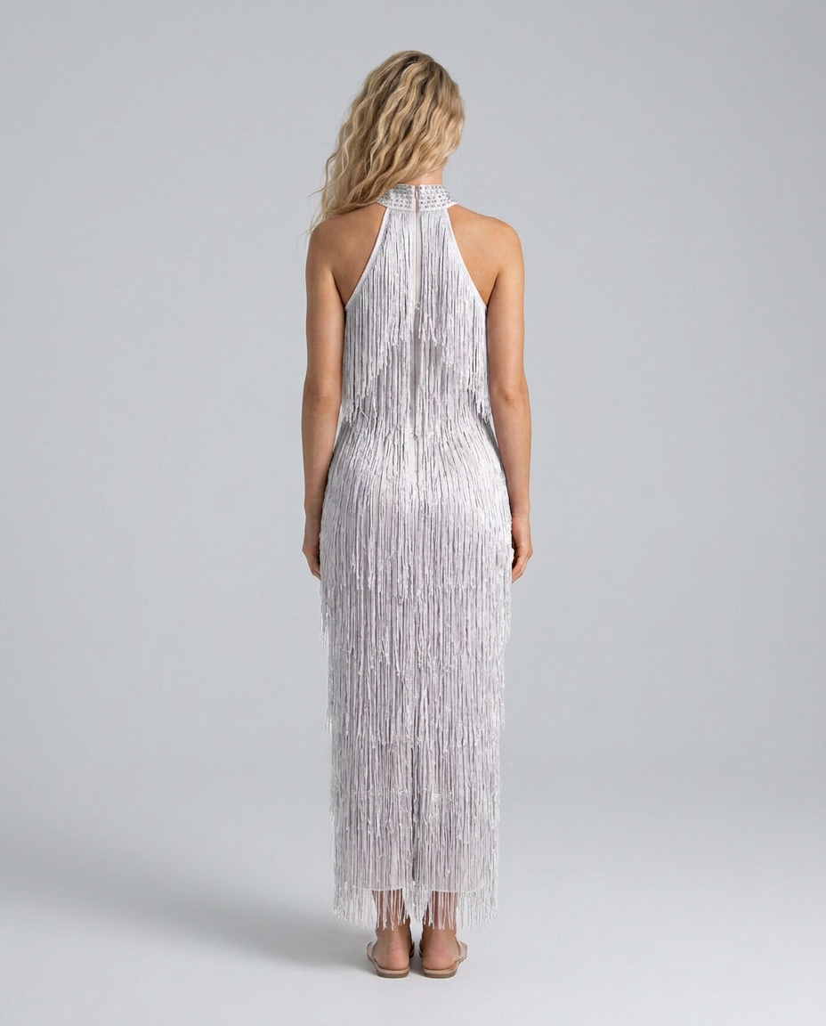Celeste | Shimmer Fringe Halter Neck Maxi Dress
