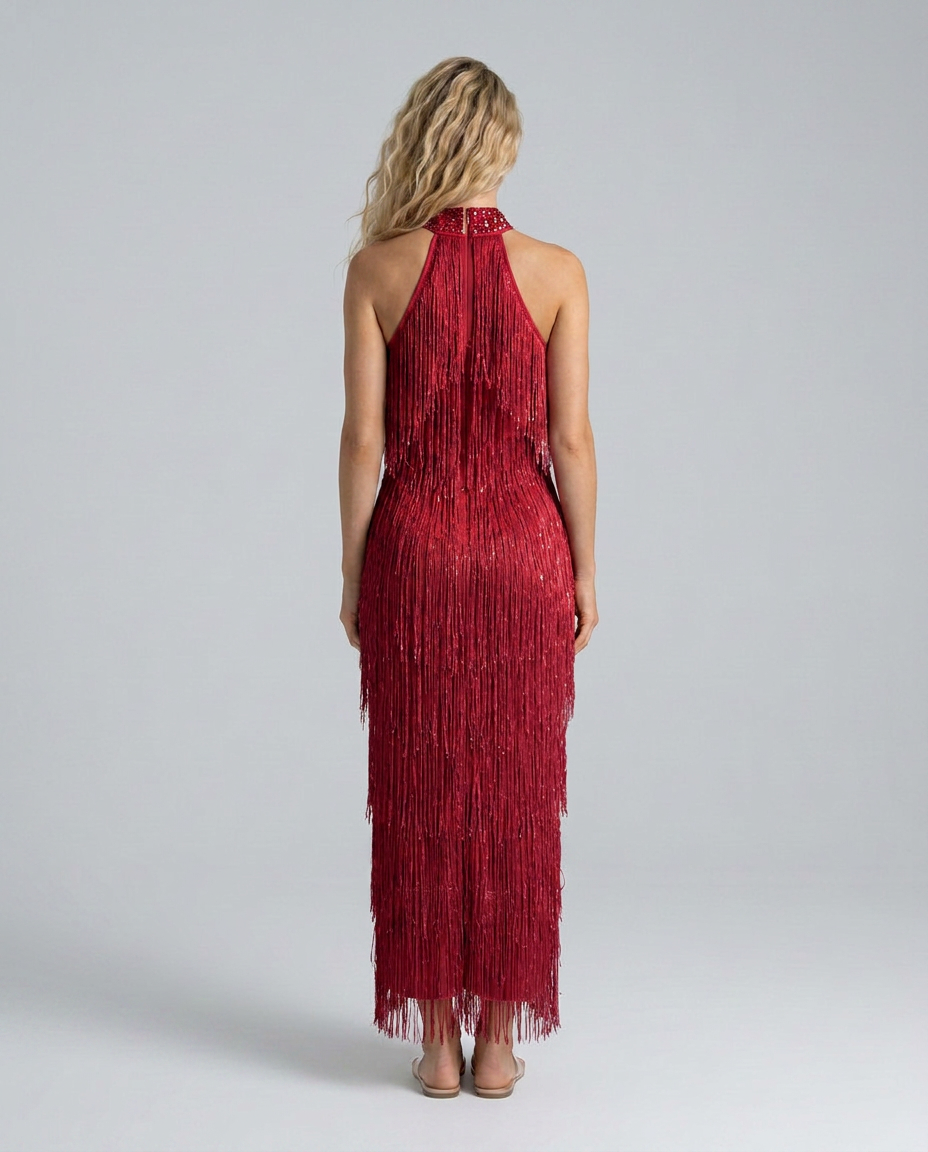 Celeste | Shimmer Fringe Halter Neck Maxi Dress