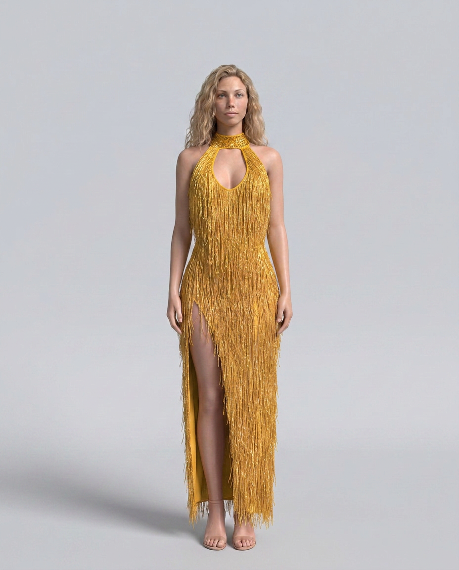 Celeste | Shimmer Fringe Halter Neck Maxi Dress