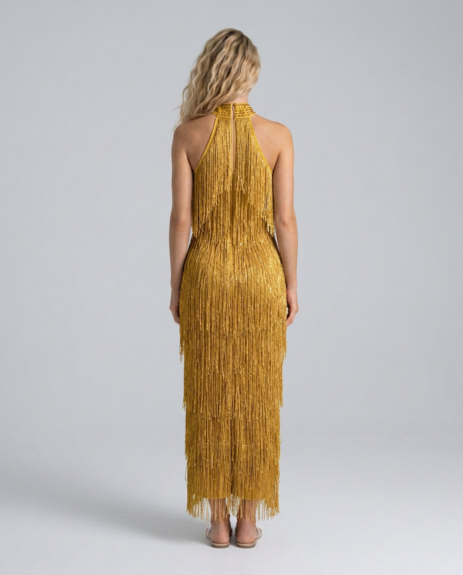 Celeste | Shimmer Fringe Halter Neck Maxi Dress