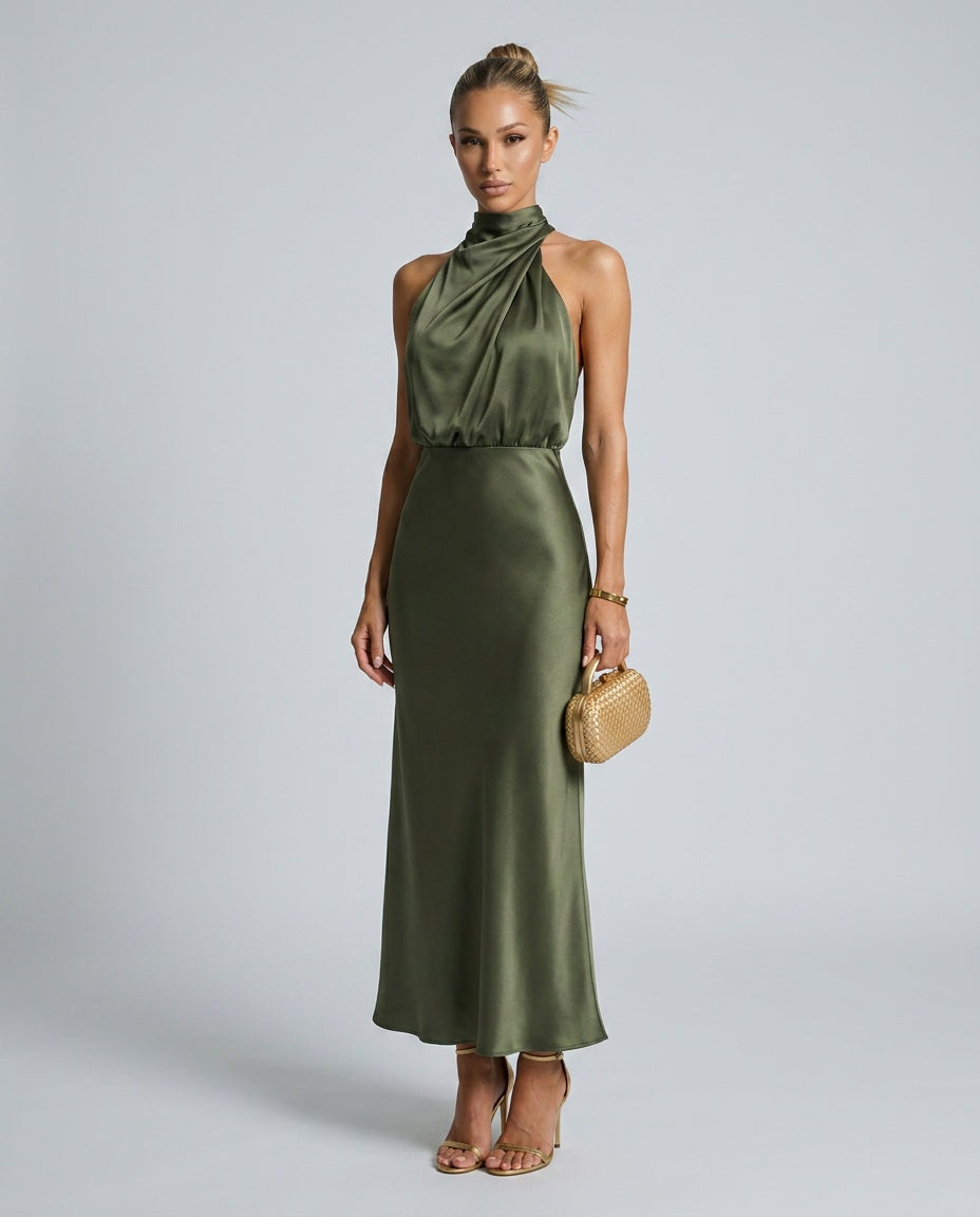 Imara | Halter Neck Open Back Satin-Look Maxi Dress