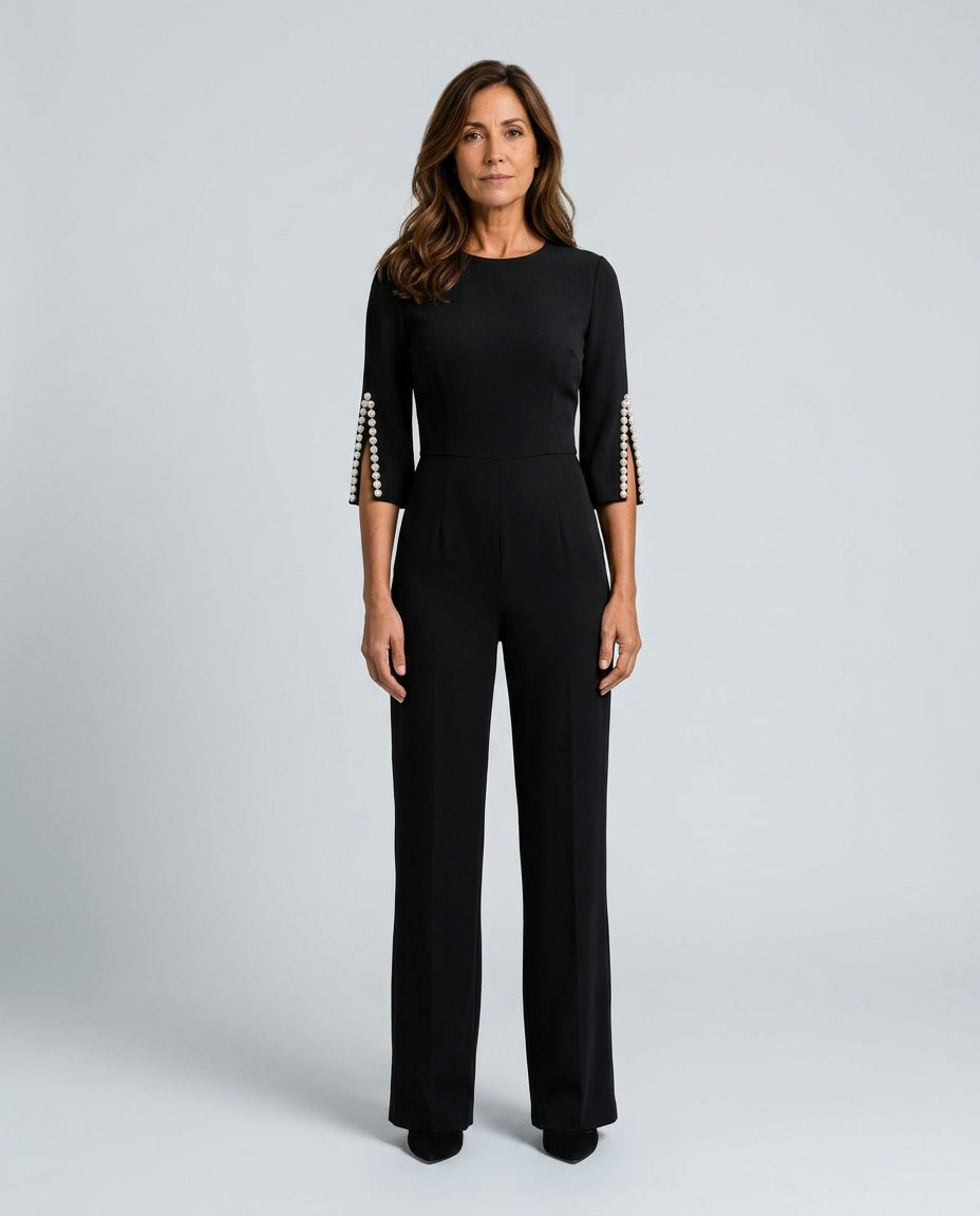 Nina | Beaded Sleeve Wide Leg Jumpsuit