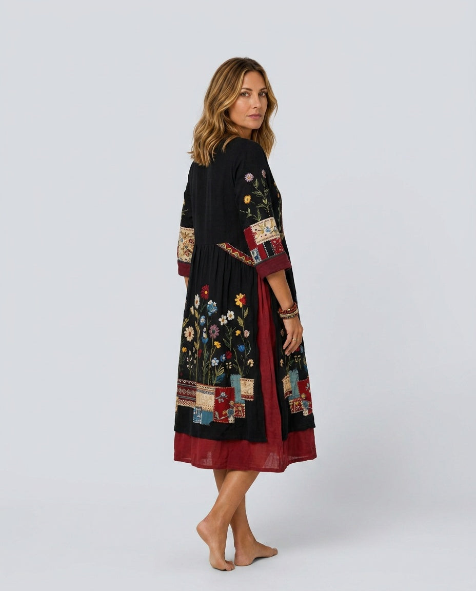 Wren | Embroidered Panel Long Sleeve Midi Dress