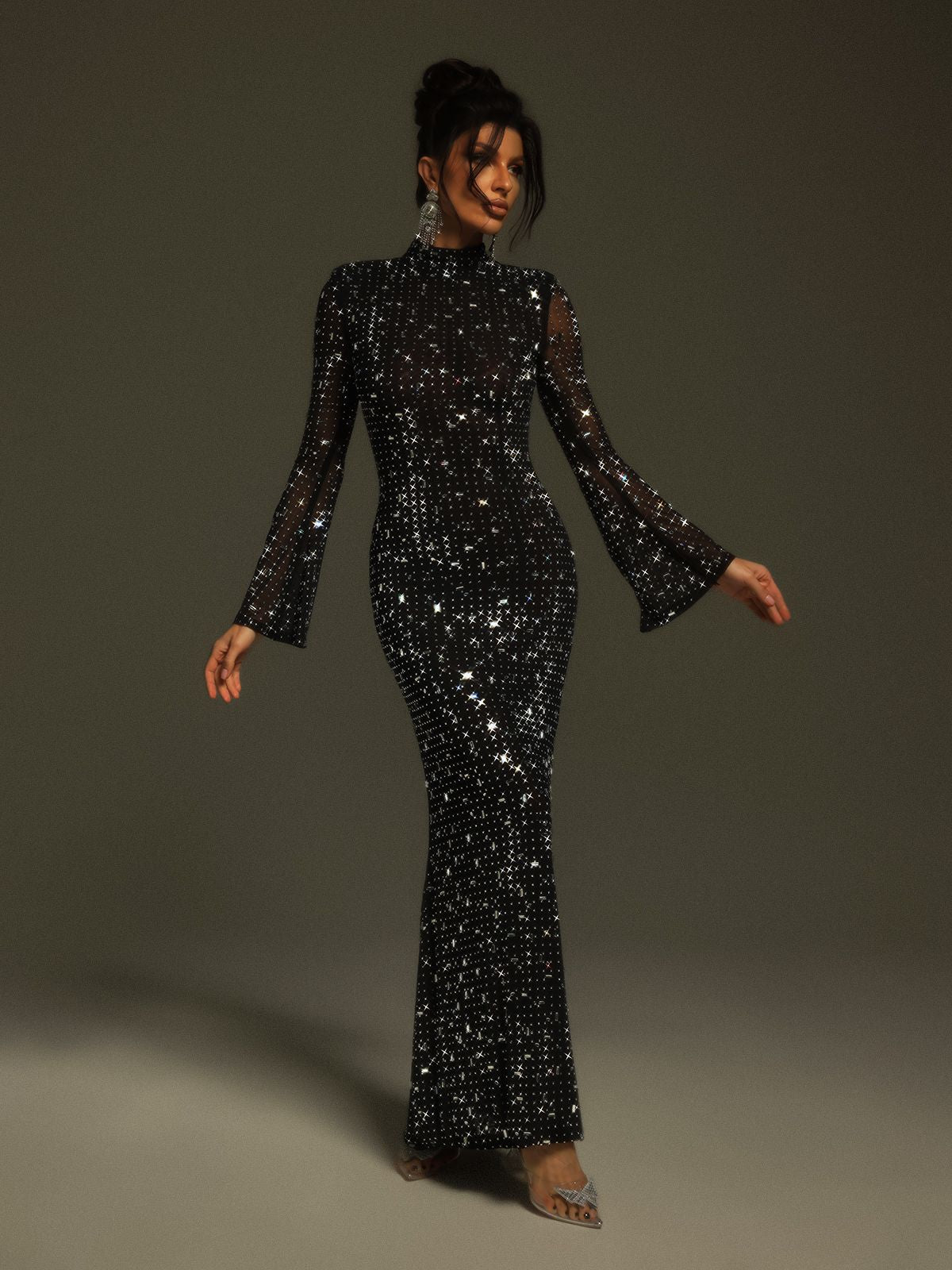 Xenia | Long Sleeve Crystal Mesh Maxi Dress