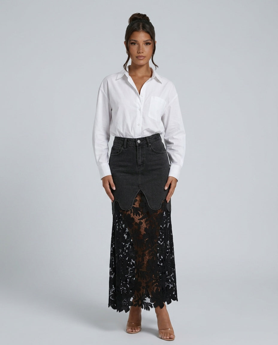 Malena | High Waist Button Front Denim Lace Panel Maxi Skirt