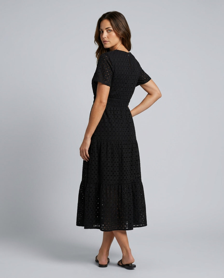Tessa | Short Sleeve Eyelet Tiered Midi Dress