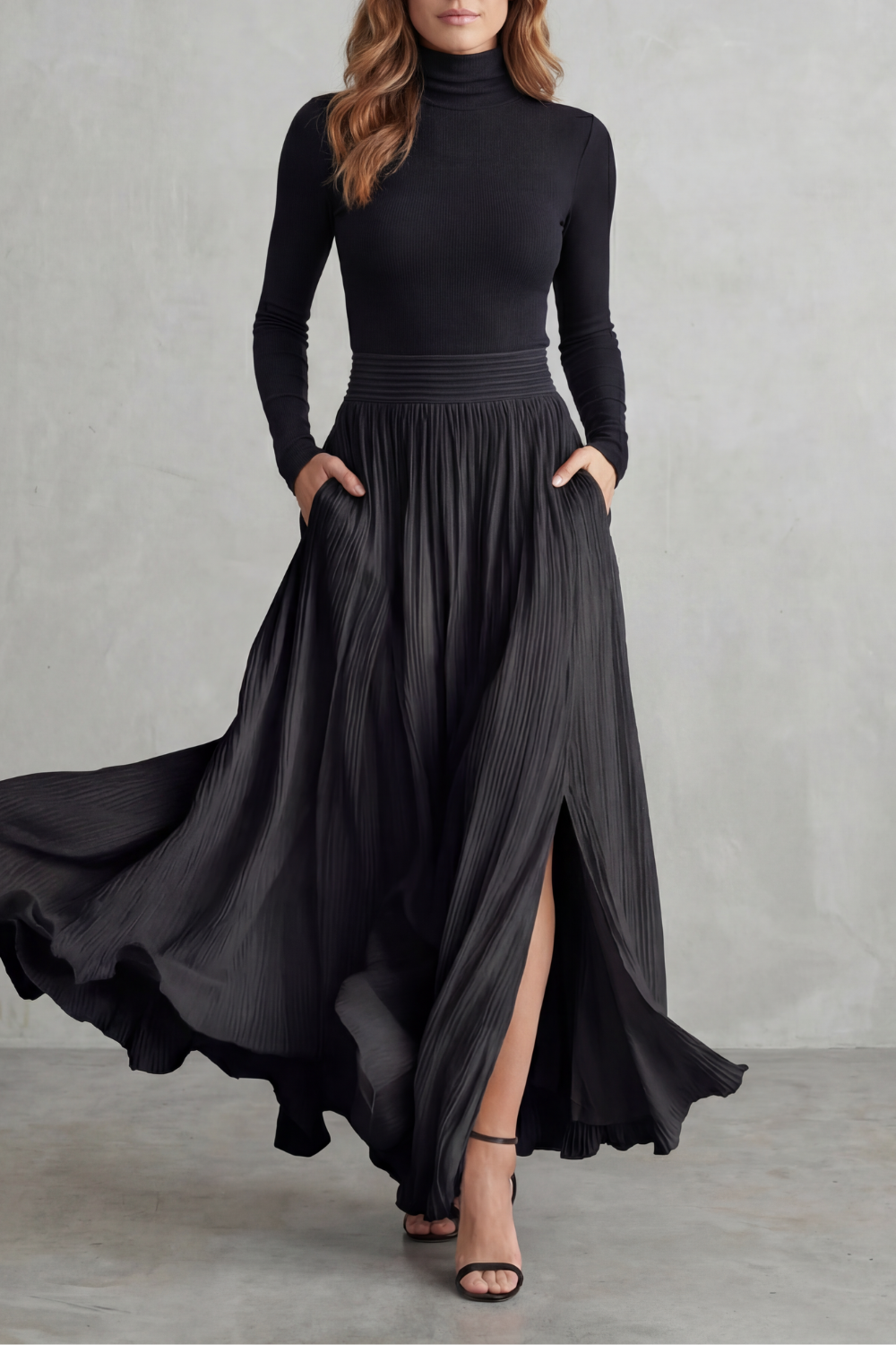 Neravelle | Pleated Maxi Two-Piece Turtleneck Set
