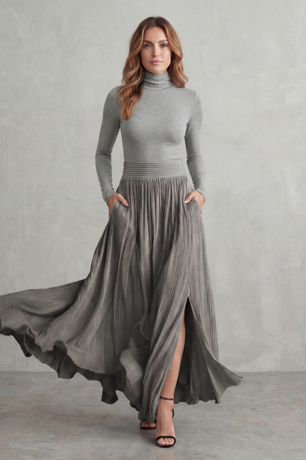 Neravelle | Pleated Maxi Two-Piece Turtleneck Set