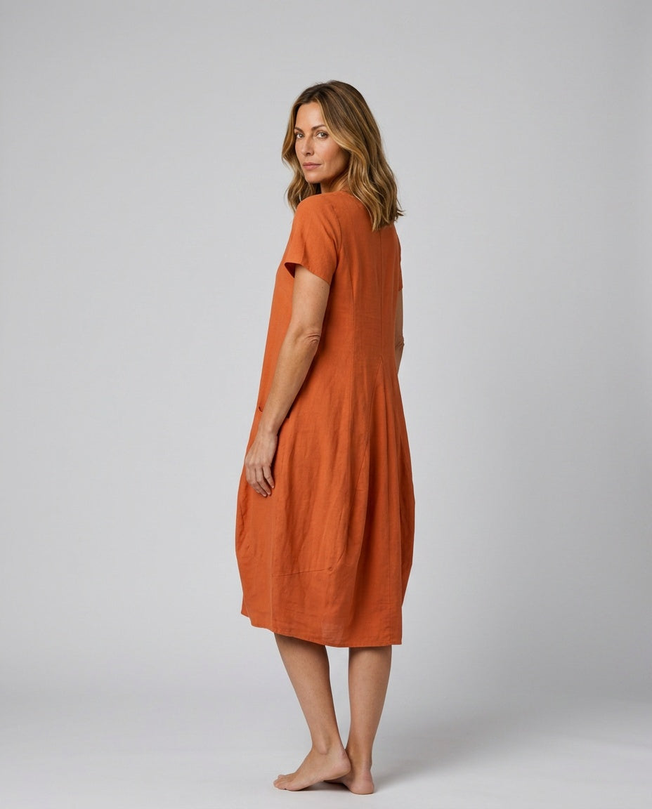 Dion | Short Sleeve Pleated Knee-Length Midi Dress