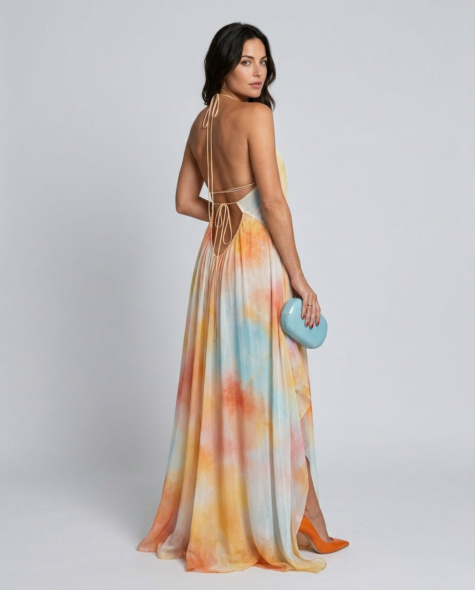 Harlow | Watercolour Halter Flowing Maxi Dress