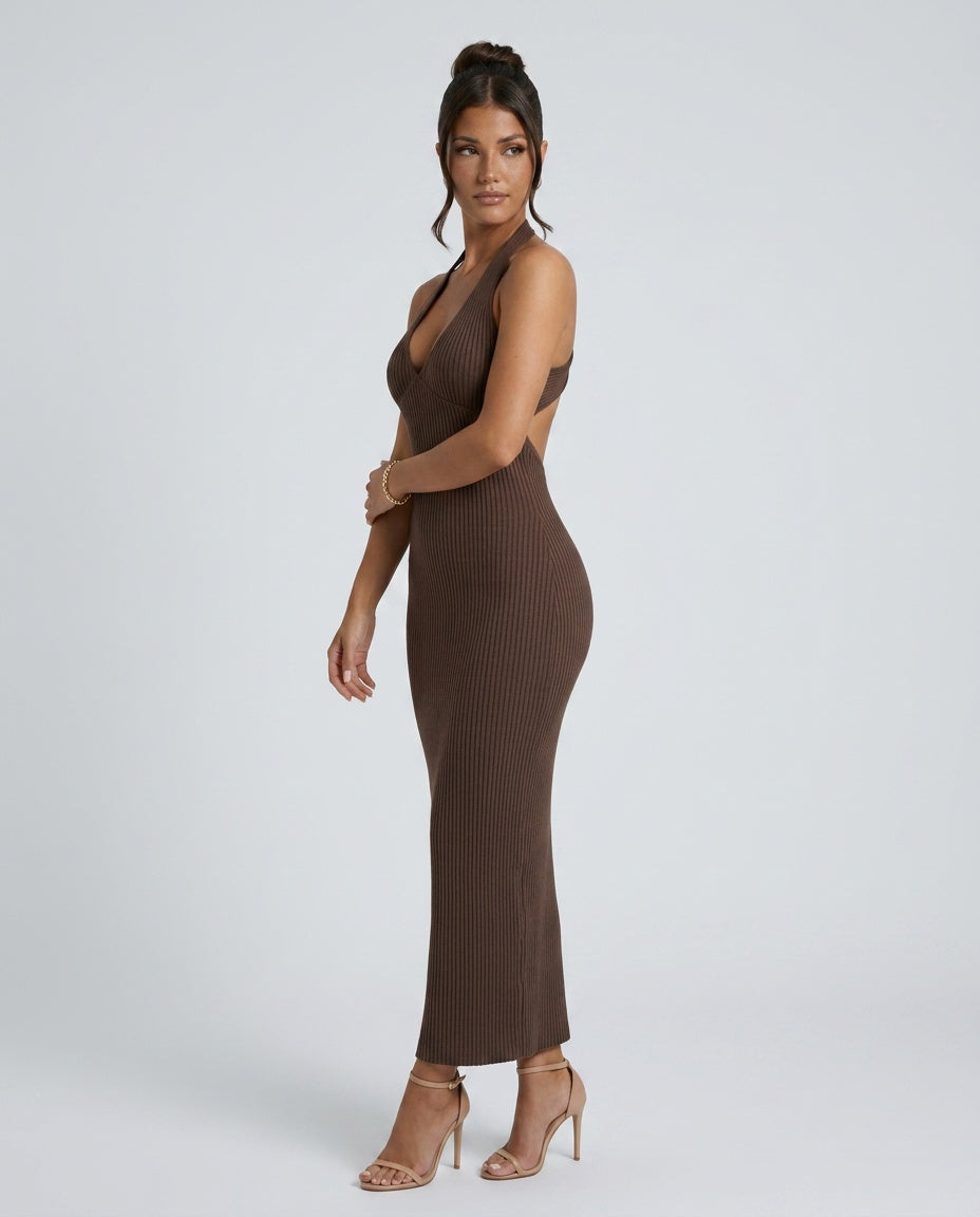 Mariana | Halter Neck Ribbed Column Maxi Dress