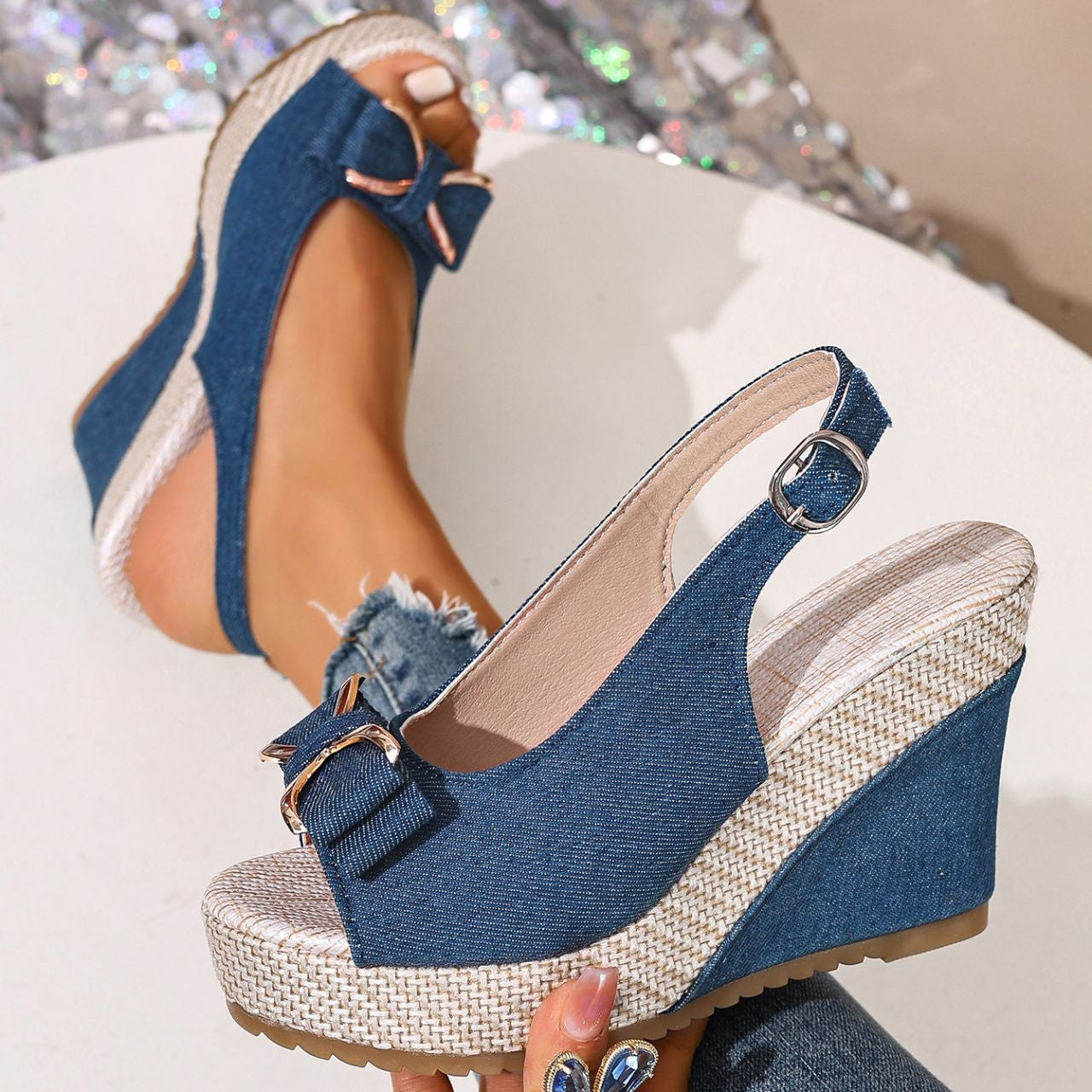 Ada | Denim Bow Wedge Shoes