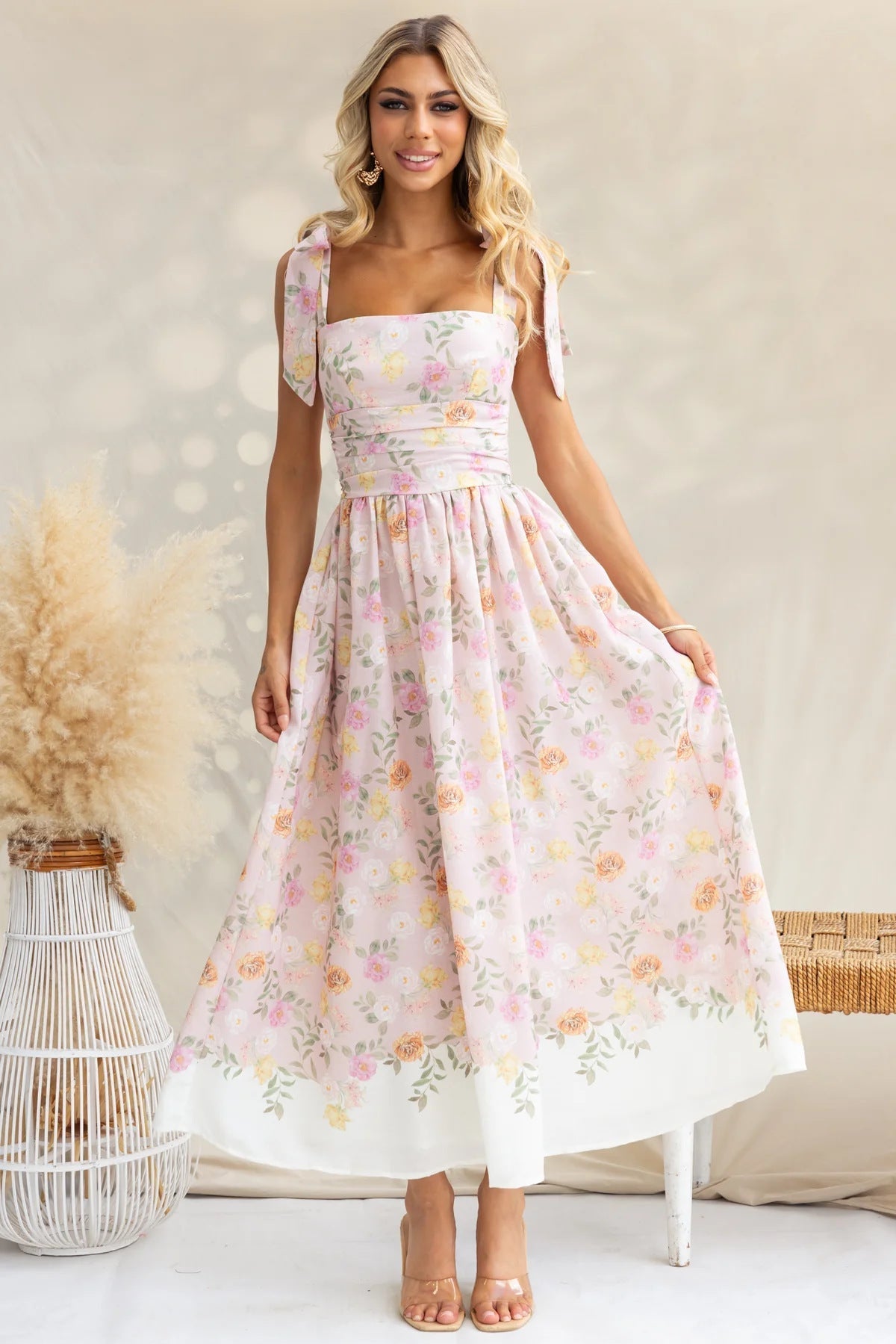 Adeline | Floral Tie Strap Square Neck Maxi Dress
