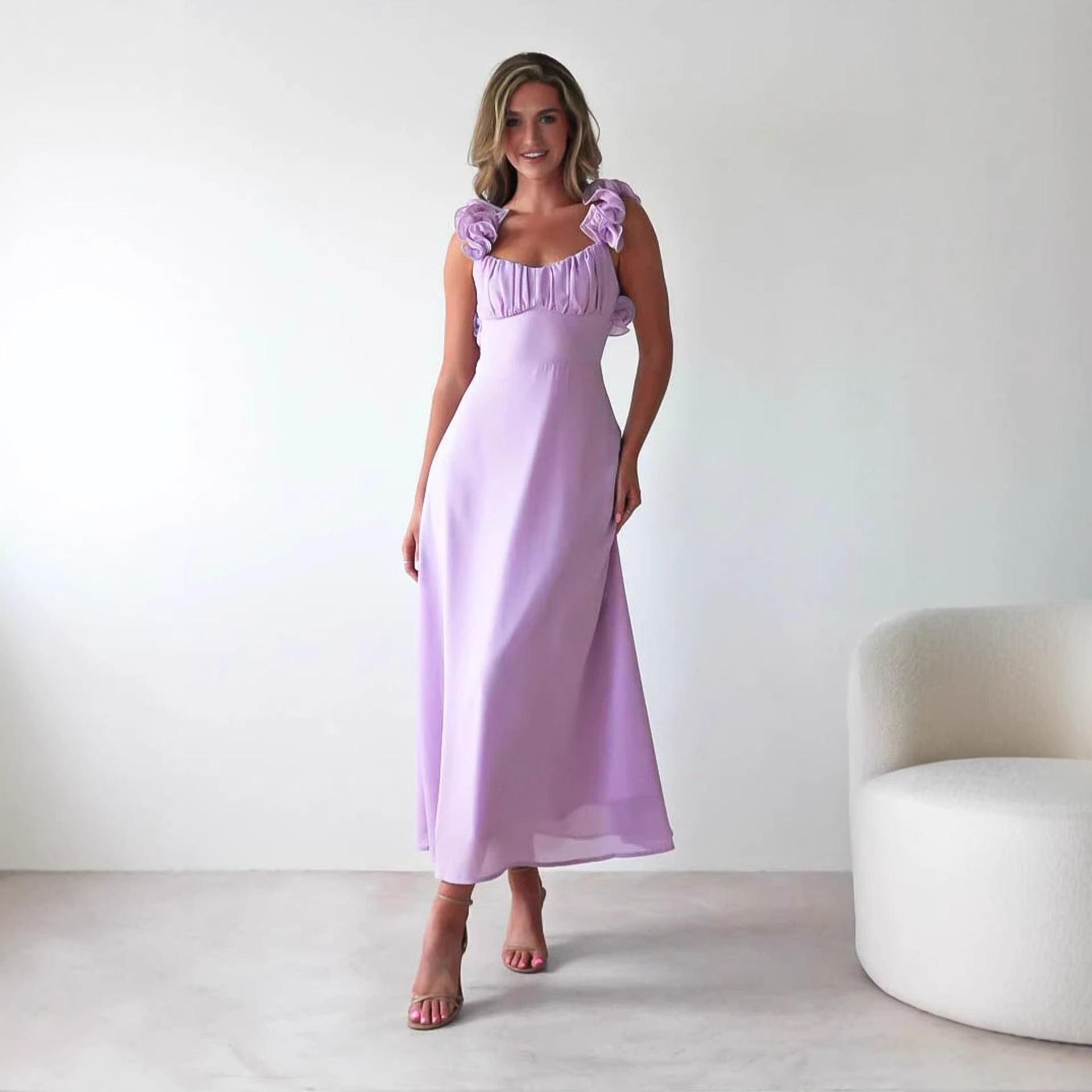 Renata | Ruffle Shoulder A-Line Maxi Dress