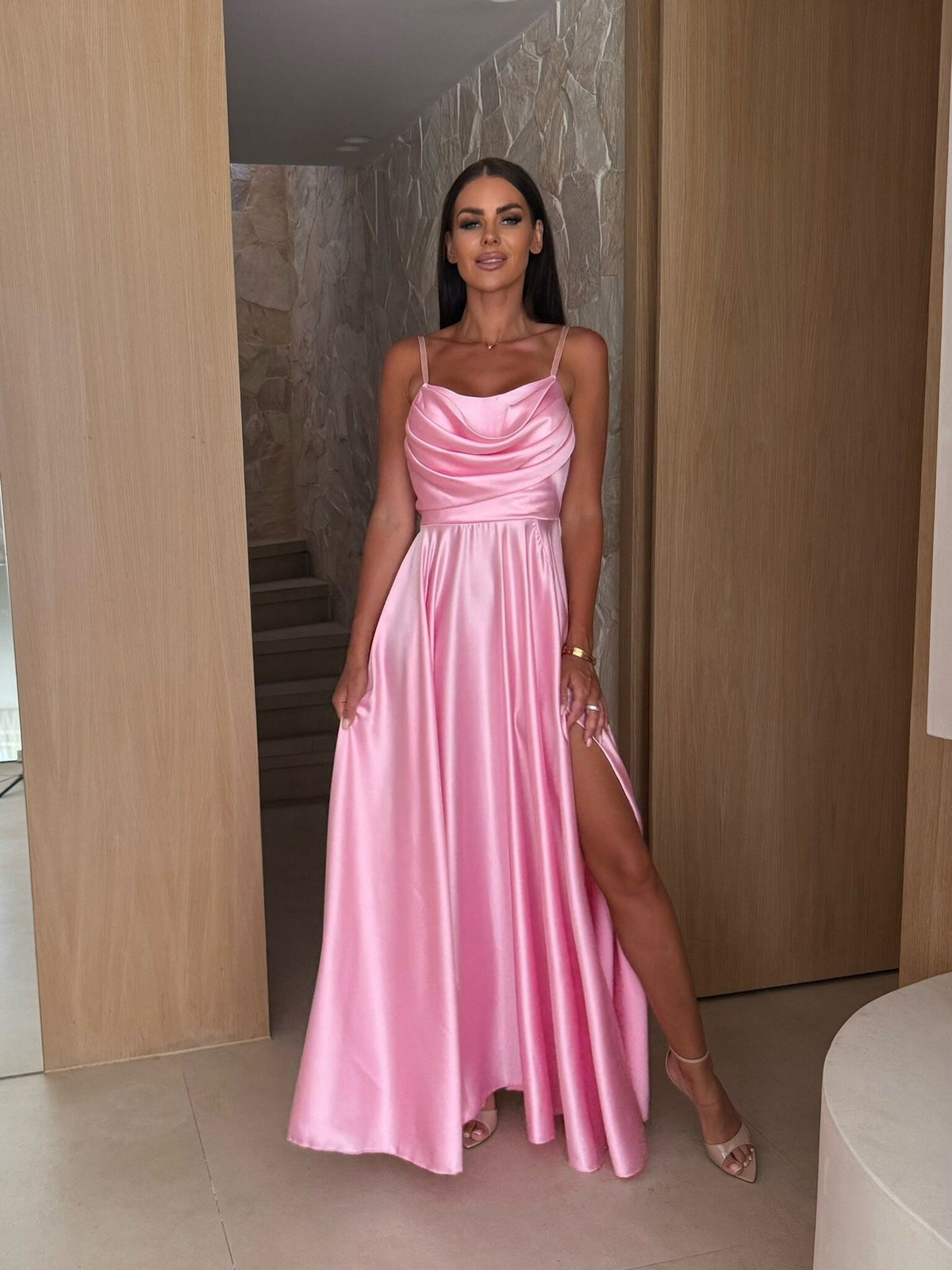 Xenia | Cowl Neck Pleated Satin-Look Maxi Dress