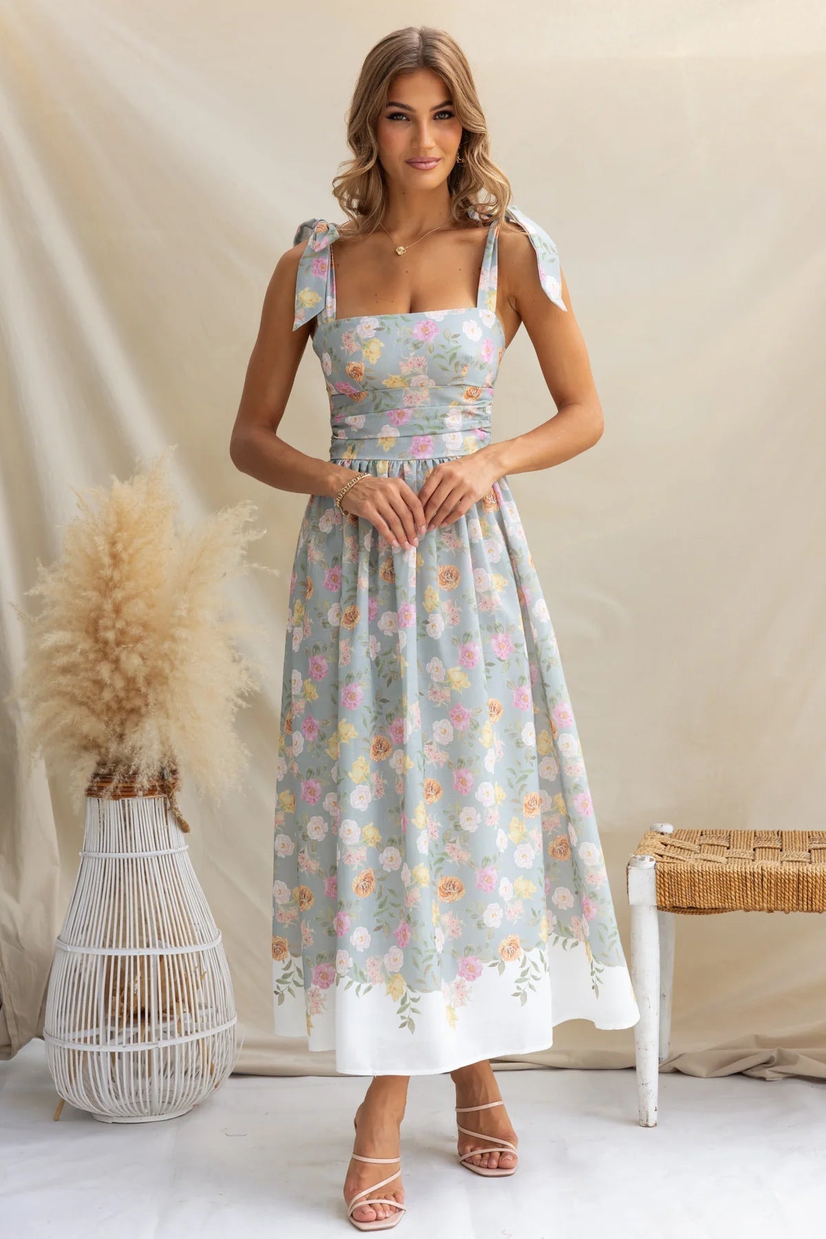 Adeline | Floral Tie Strap Square Neck Maxi Dress