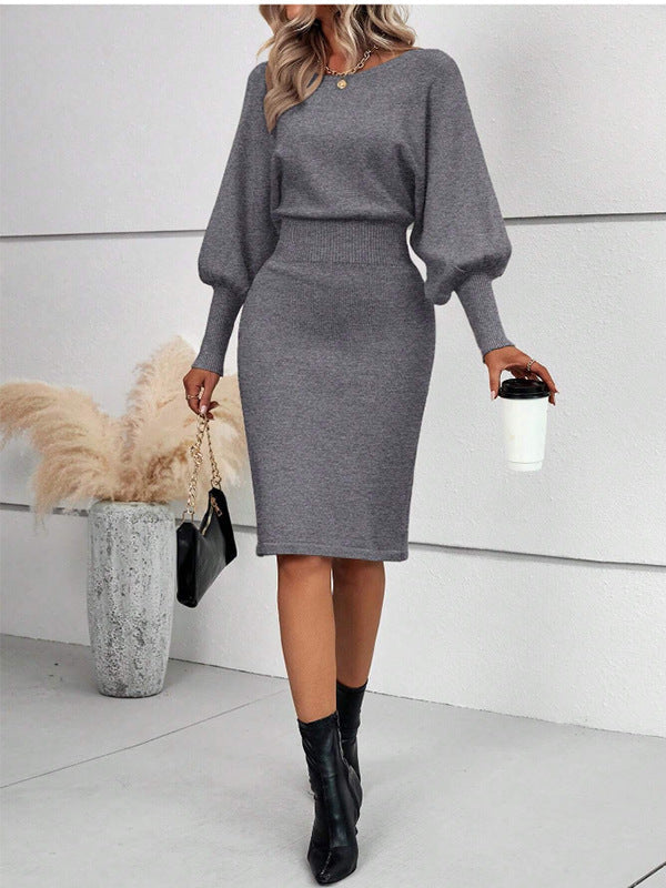 Antonella | Lantern Sleeve Ribbed Knit Midi Dress