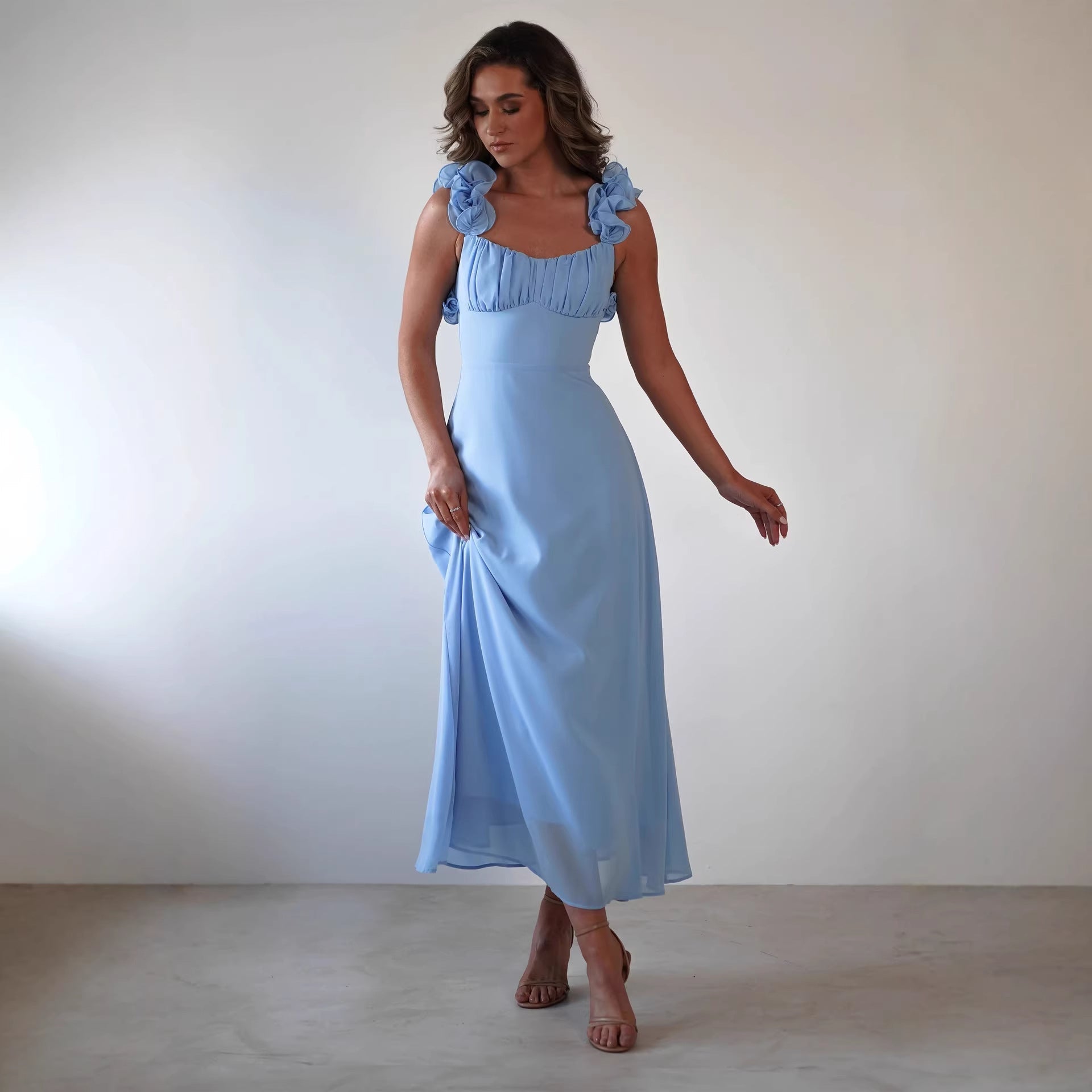 Renata | Ruffle Shoulder A-Line Maxi Dress