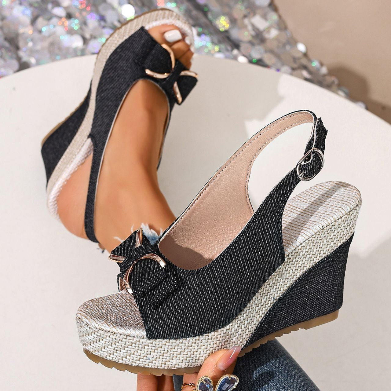 Ada | Denim Bow Wedge Shoes