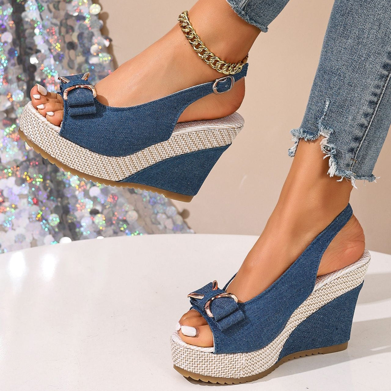 Ada | Denim Bow Wedge Shoes