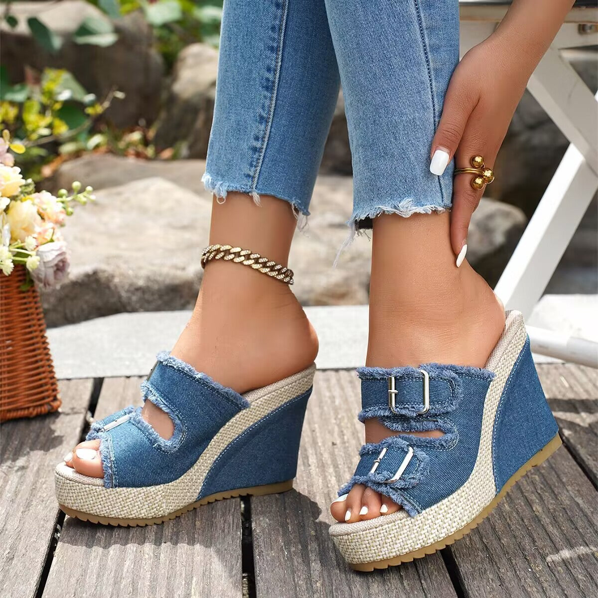 Kira | Denim Wedge Sandals
