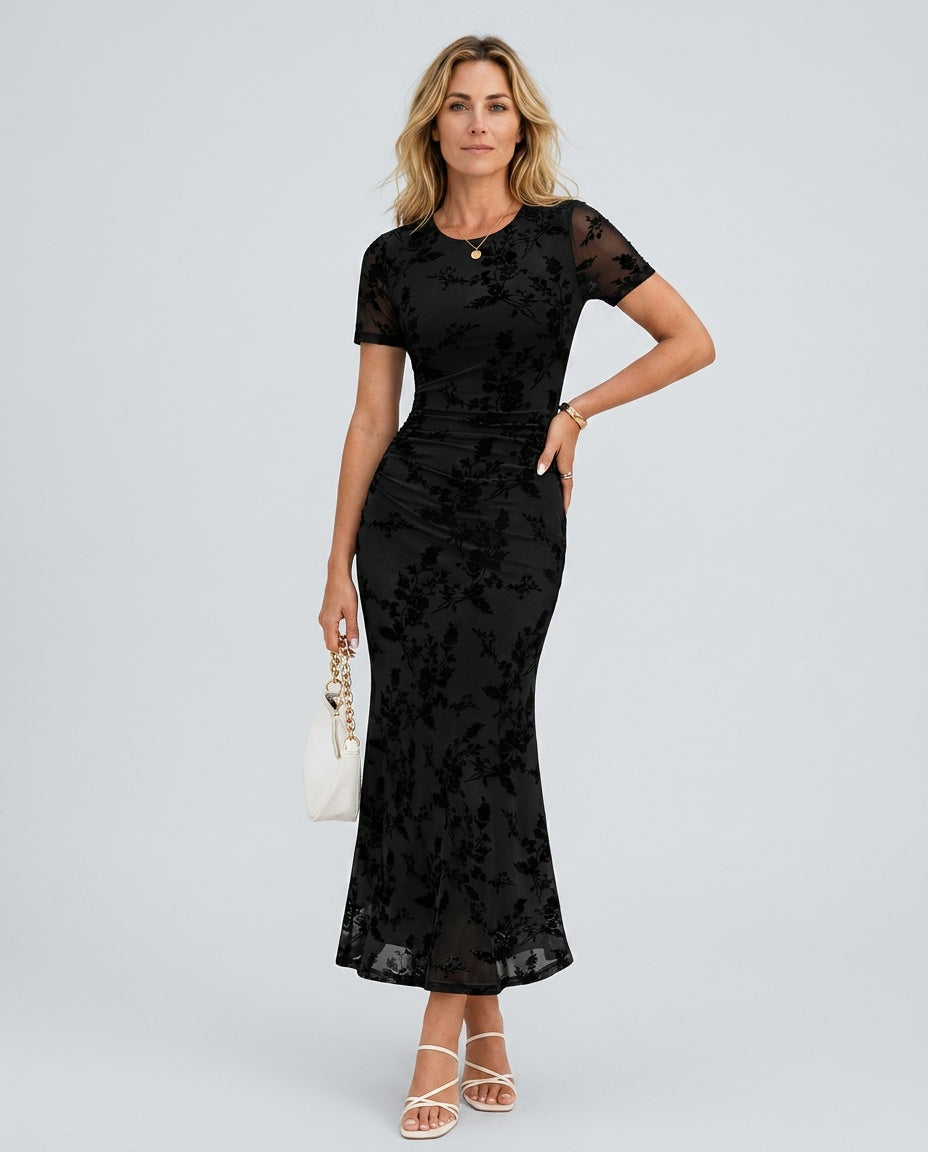 Fleur | Flocked Floral Mermaid Maxi Dress with Sheer Sleeves