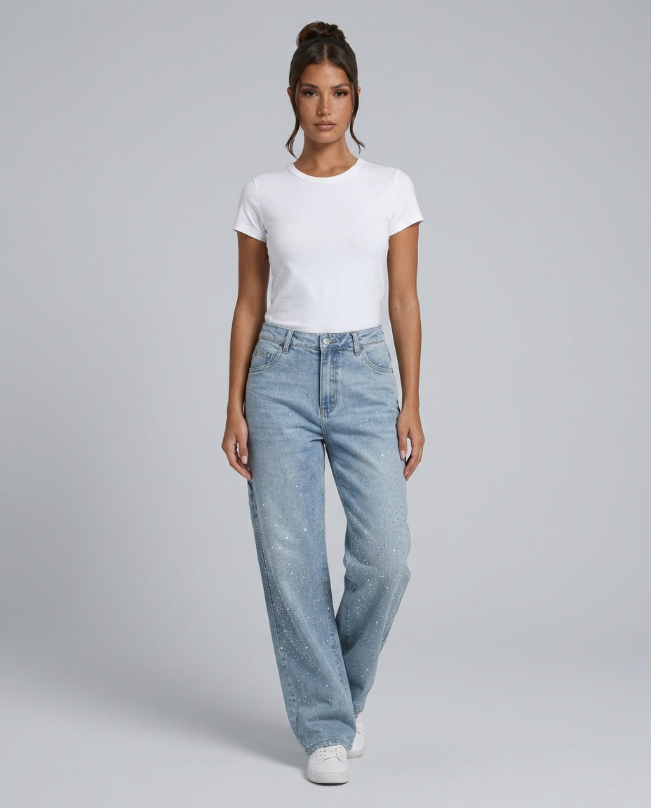 Dazzle | Rhinestone Wide-Leg Denim Trousers
