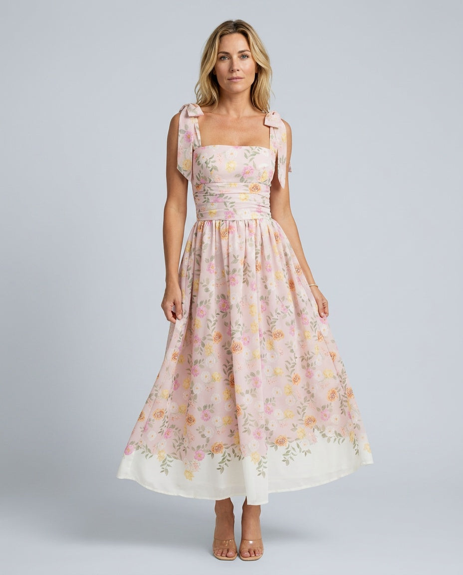 Adeline | Floral Tie Strap Square Neck Maxi Dress