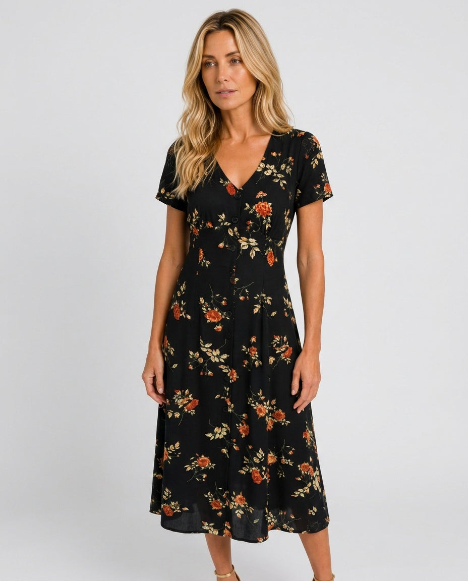 Valentina | Button-Front Floral A-Line Midi Dress