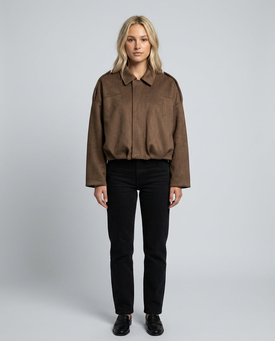 Quinn | Long Sleeve Faux Suede Bomber Jacket