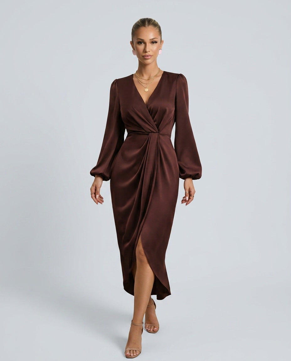 Layla | Twisted Front Puff Sleeve Wrap Midi Dress