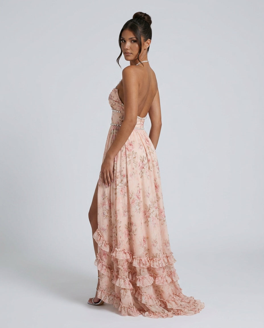 Rocio | Halter V-Neck Layered Floral Maxi Dress
