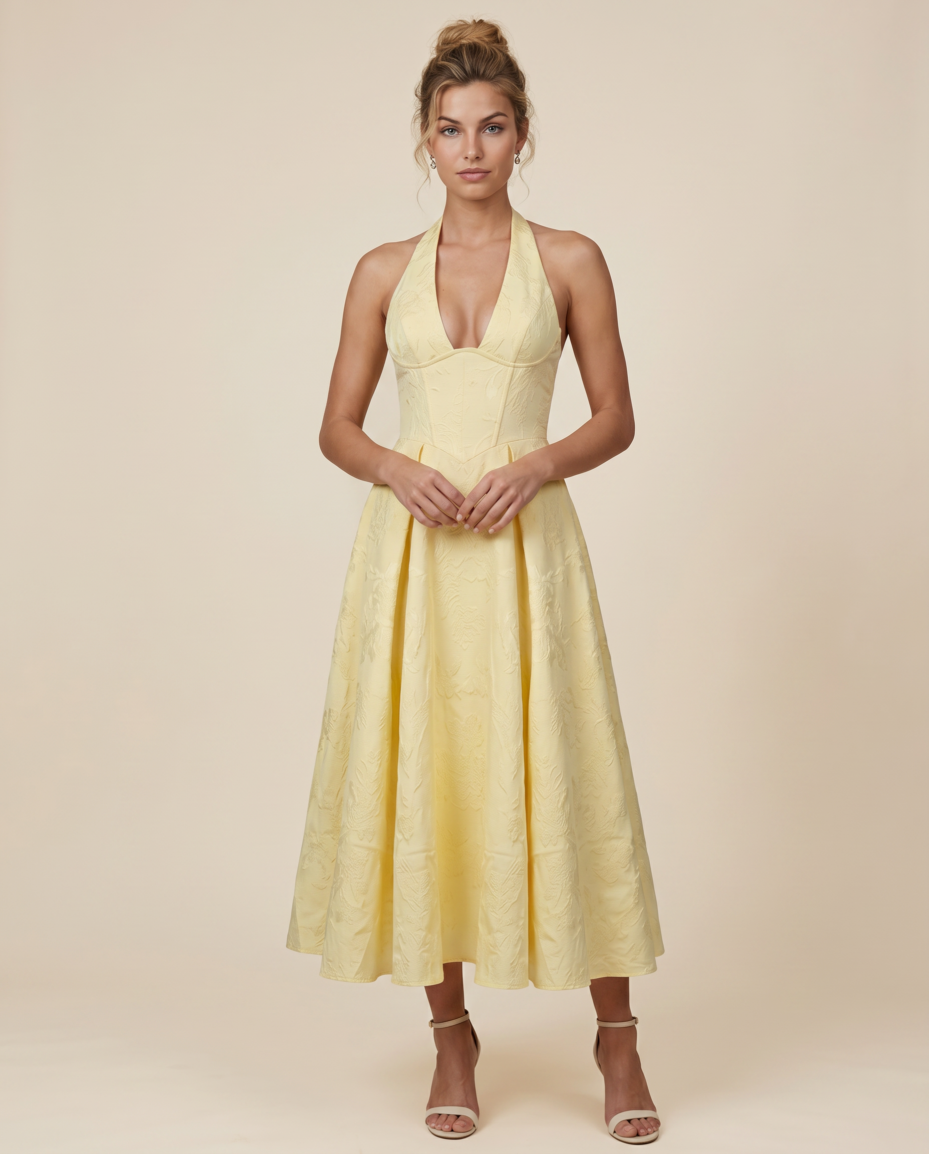Marci | Midi Dress with Floral Jacquard and Halterneck