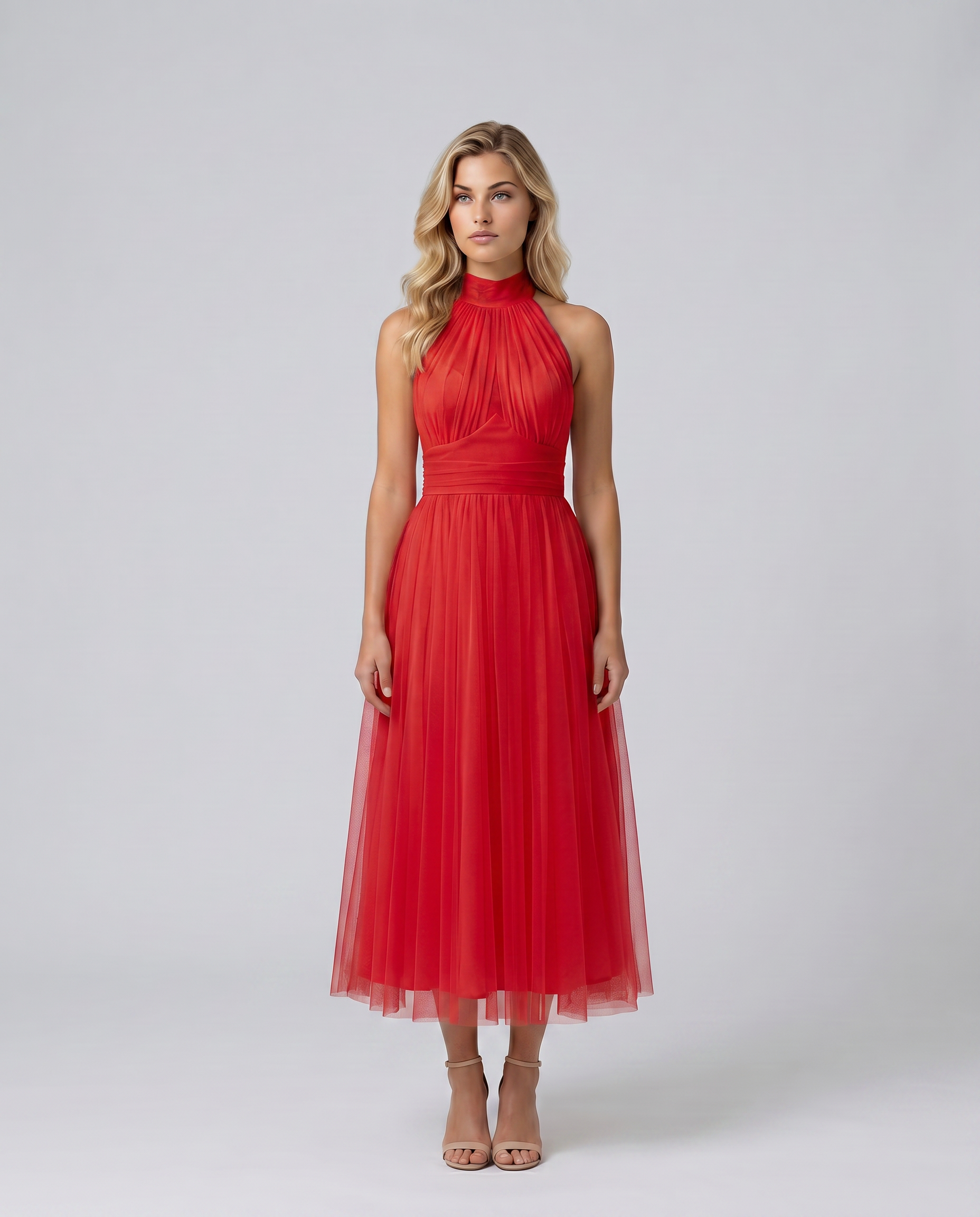 Paul | Midi Dress with Gathered Halter Neck and Fitted Waist