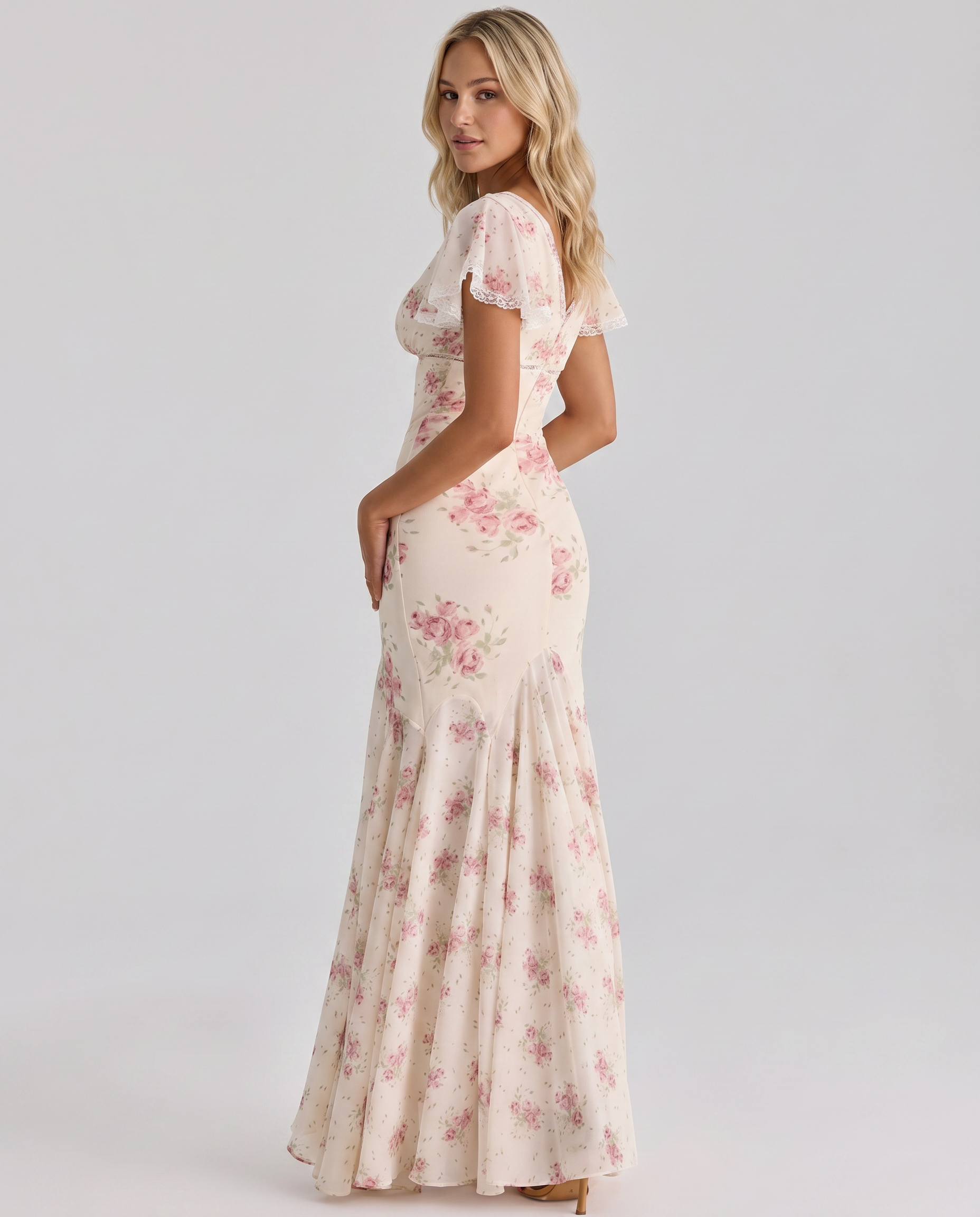 Women's Floral Georgette Maxi Dress Lace Trim Nicole