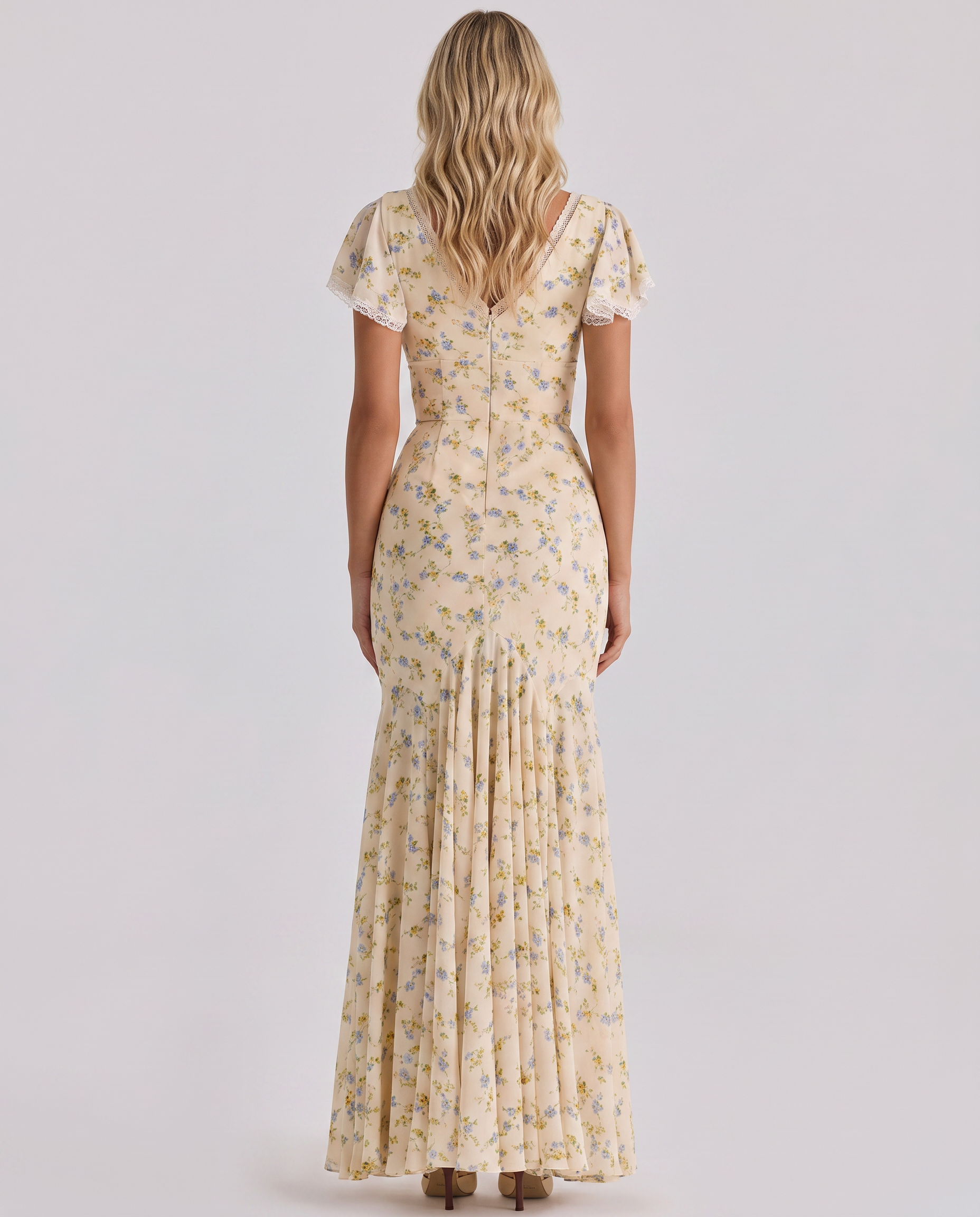 Women's Floral Georgette Maxi Dress Lace Trim Nicole