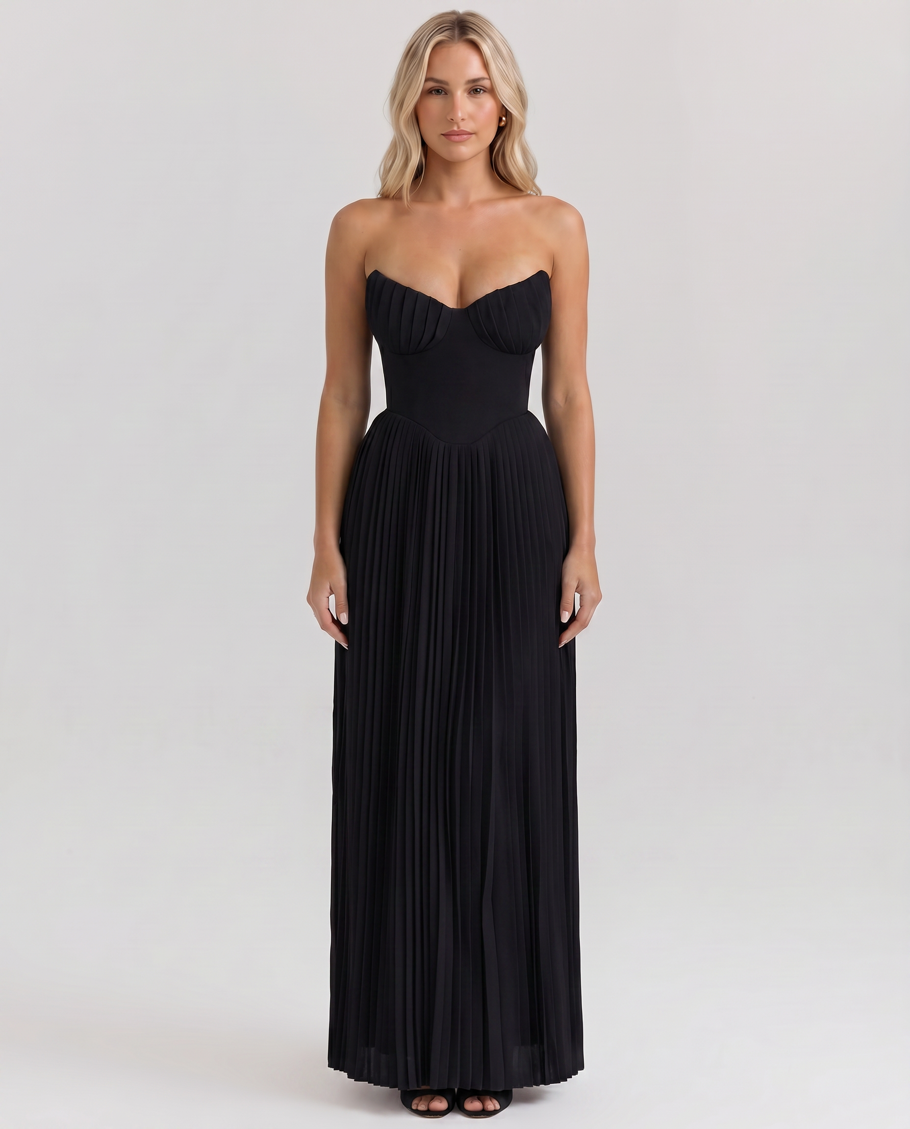 black structured bodice maxi dress Women's Pleated Strapless Maxi Dress Corset Bodice Lennox