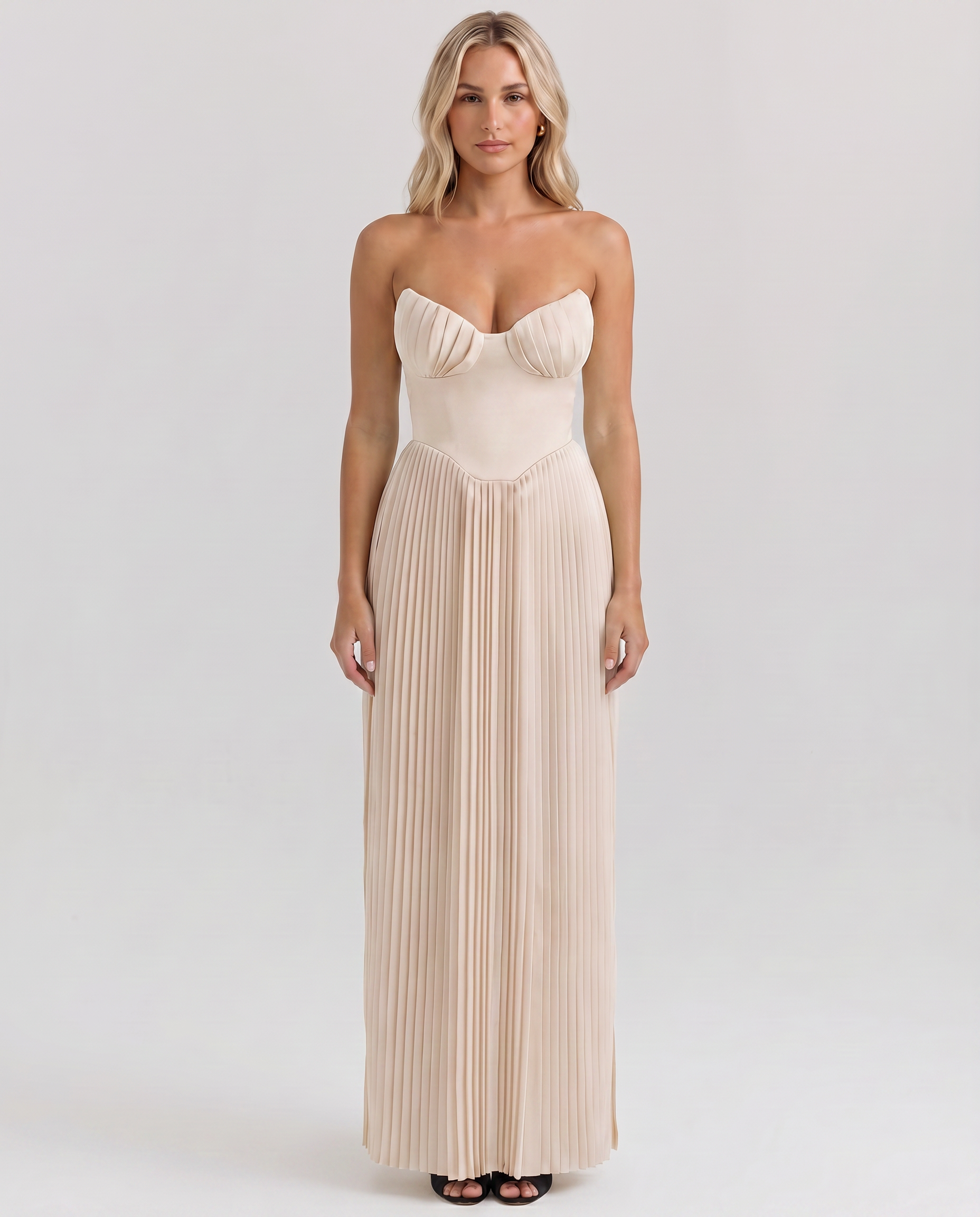 Women's Pleated Strapless Maxi Dress Corset Bodice Lennox