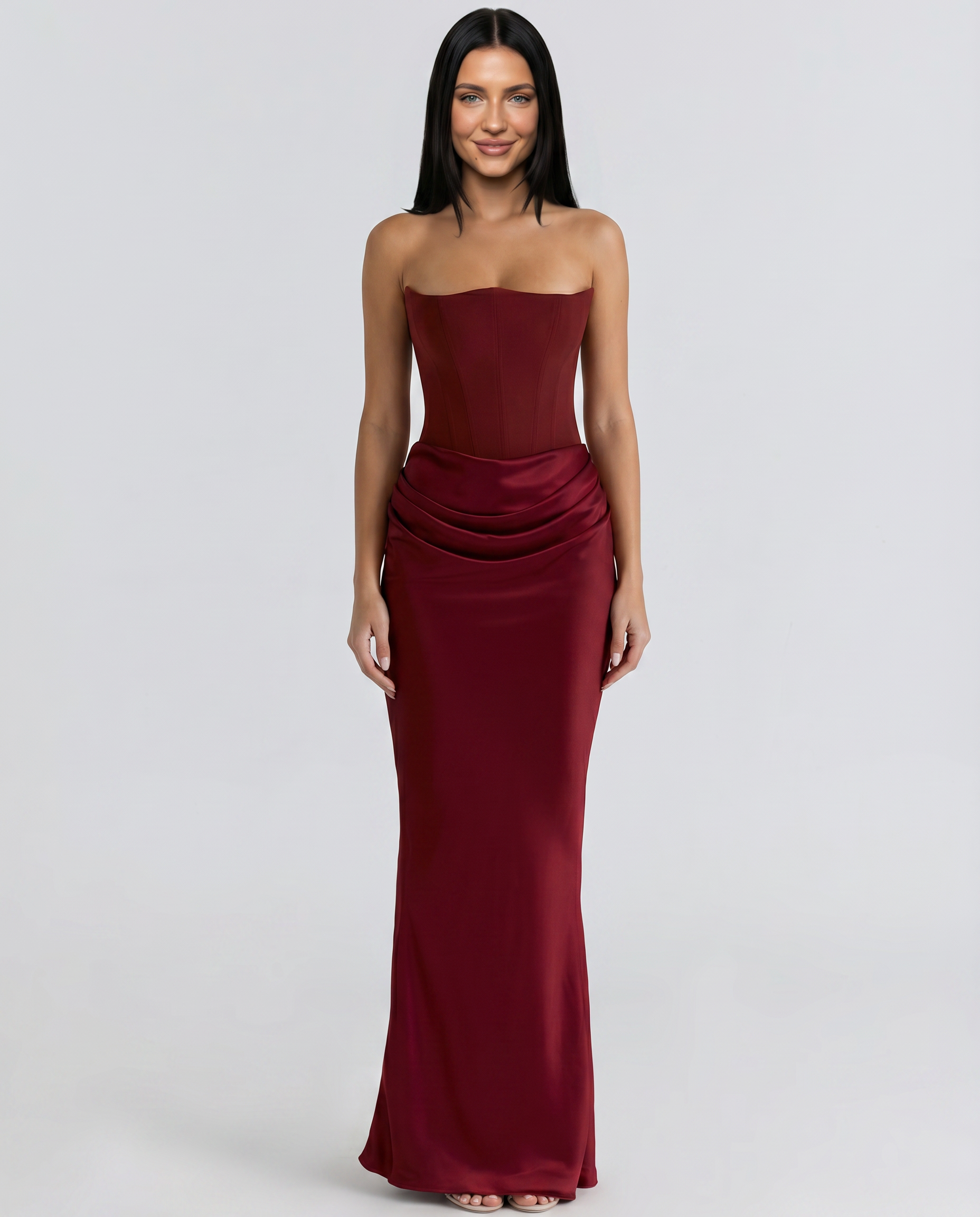 Cleo | Strapless Corset Maxi Dress with Draped Skirt