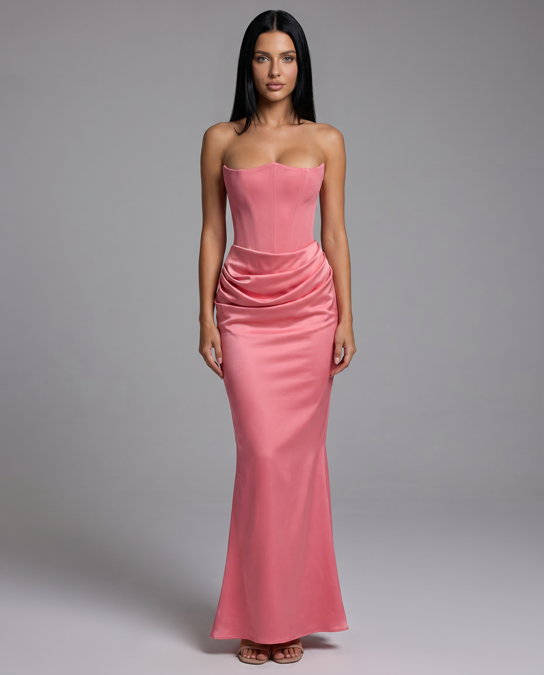 Cleo | Strapless Corset Maxi Dress with Draped Skirt