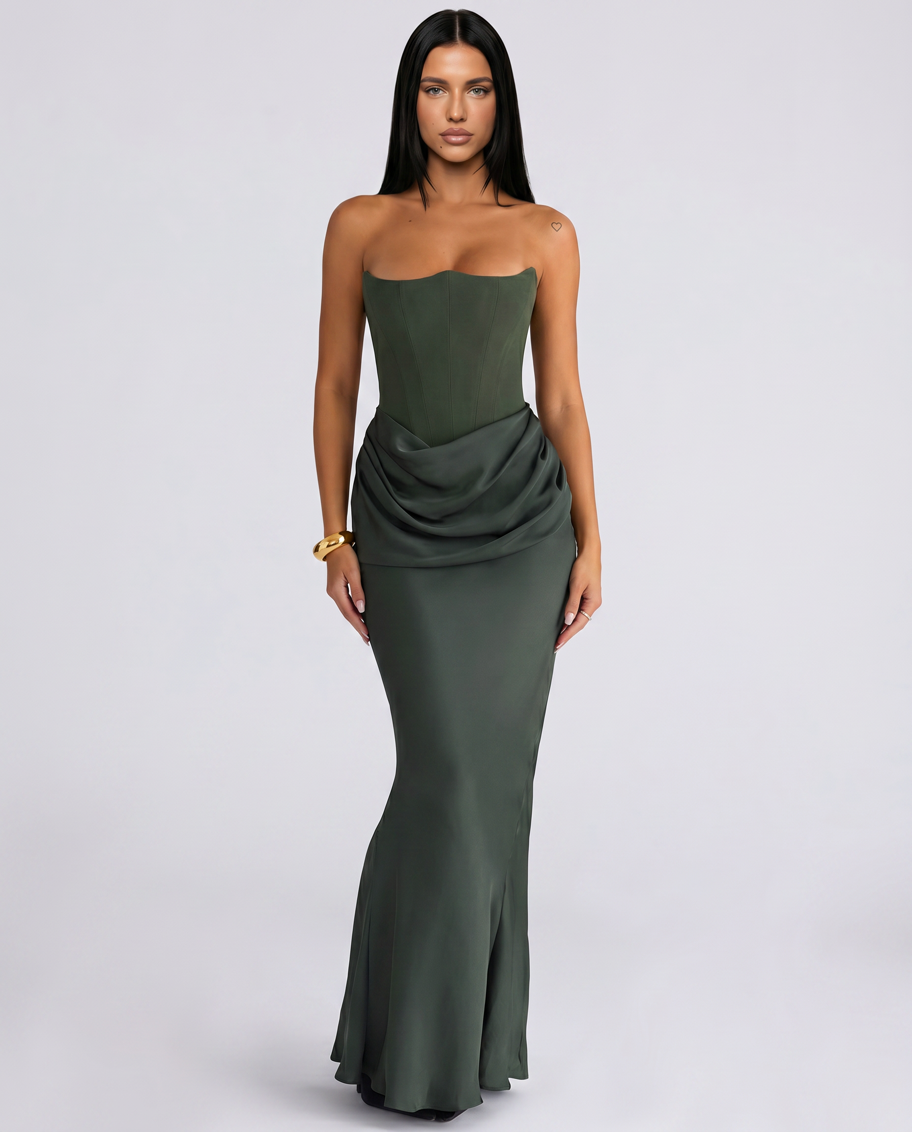 Cleo | Strapless Corset Maxi Dress with Draped Skirt
