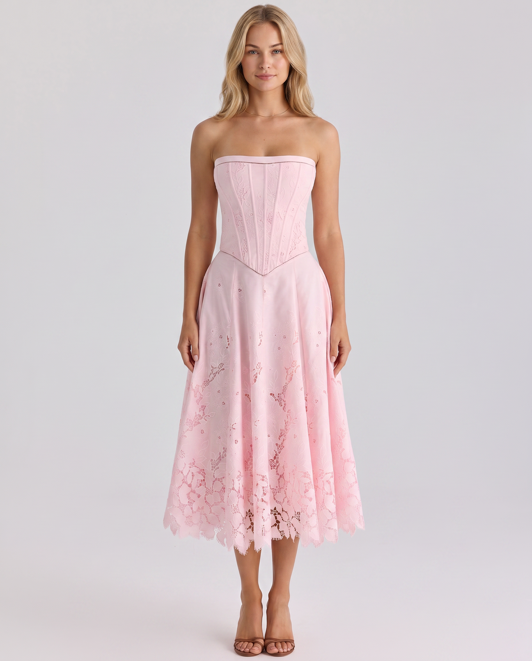Brigitte | Strapless Midi Dress with Lace Skirt