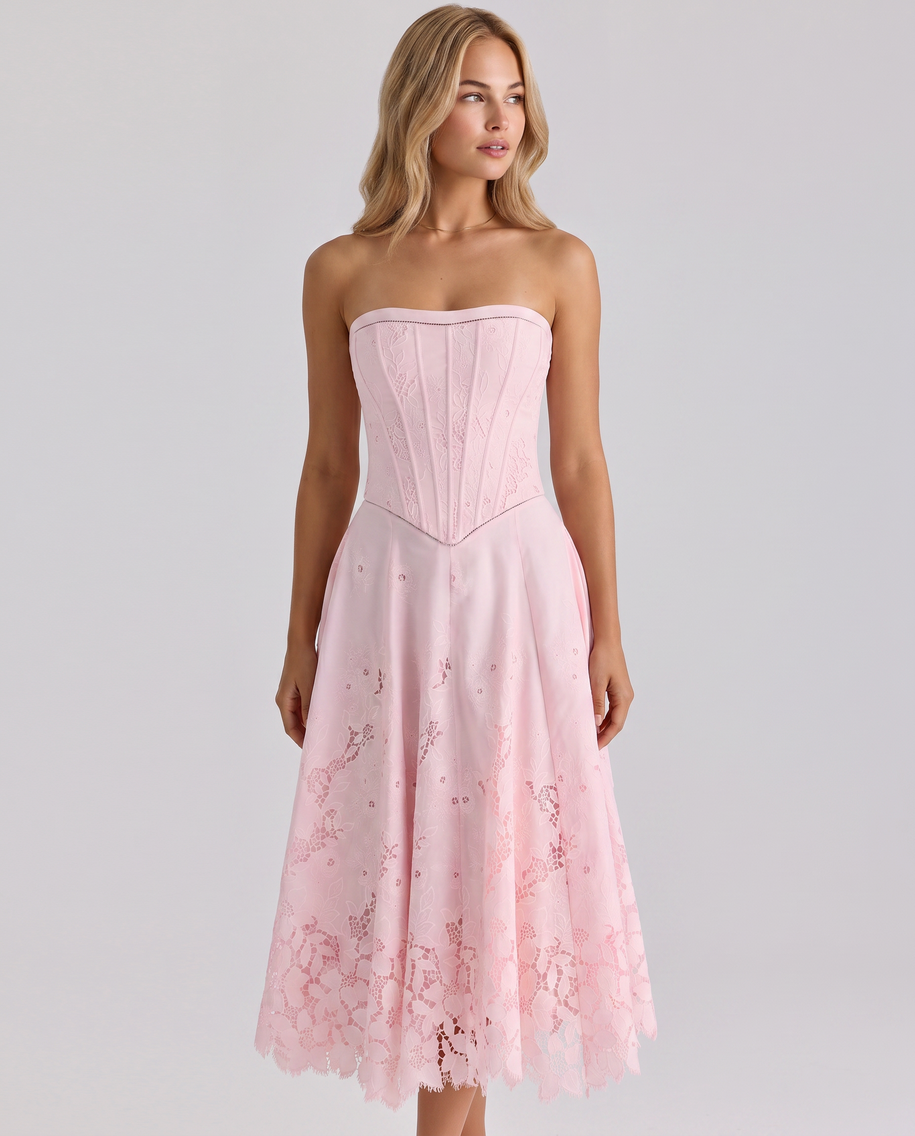 Brigitte | Strapless Midi Dress with Lace Skirt