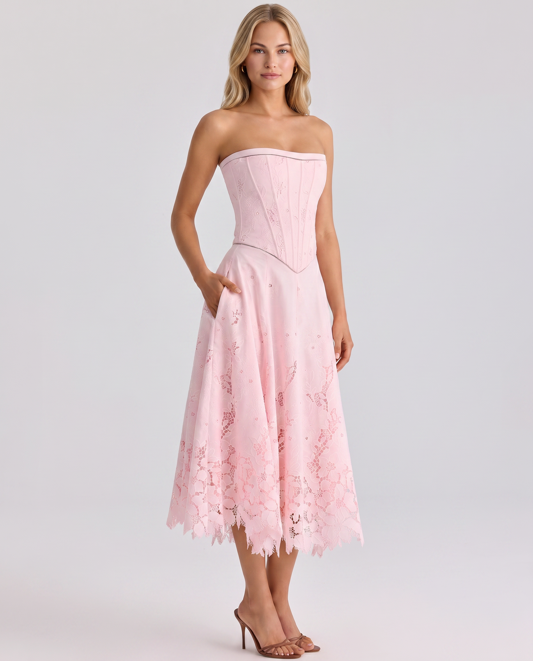 Brigitte | Strapless Midi Dress with Lace Skirt