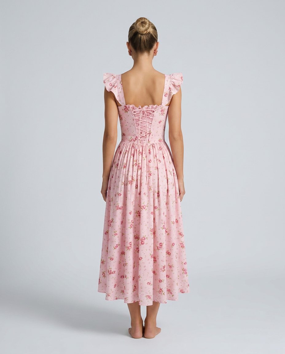 Tabitha | Midi Sundress with Floral Print and Lace-Up Back